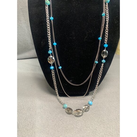 Layered Silver Tone Chain Necklace with Blue & Clear Beads Jewelry 42” - Picture 2 of 7